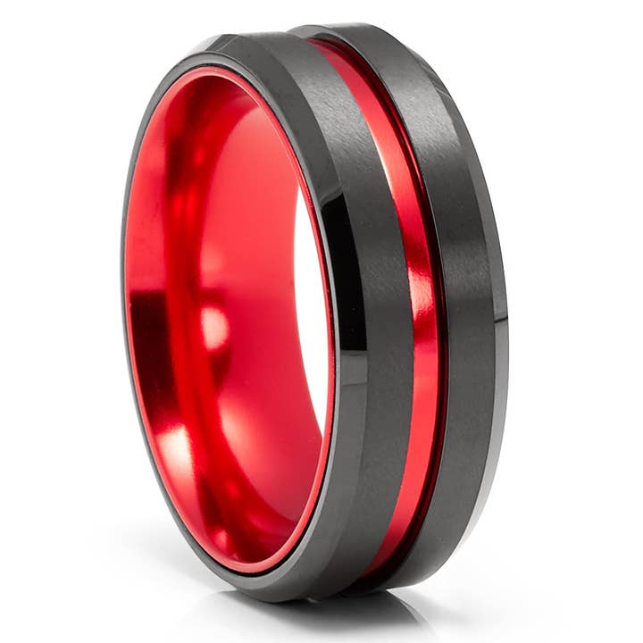 Negro Anillo de bodas de tungsteno rojo - Anillo de tungsteno negro - Anillo de bodas rojo - Alianza de boda roja de venta al por mayor en Faire2