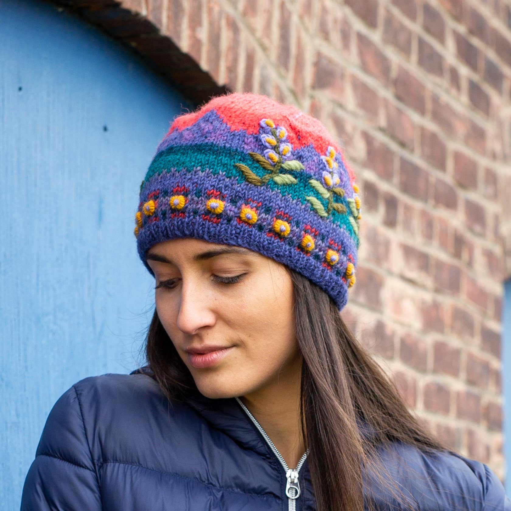 Lost Horizons Knitwear – Ships from USA - Wholesale Beanie - Women's - Chloe Wool Hat – Hand-Embroidered Floral Knit Beanie1