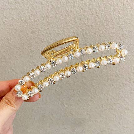 AK Brand - Wholesale Hair Clip - Women's - Gold Metal Geometric Open Hair Claw with Crystals & Pearls0