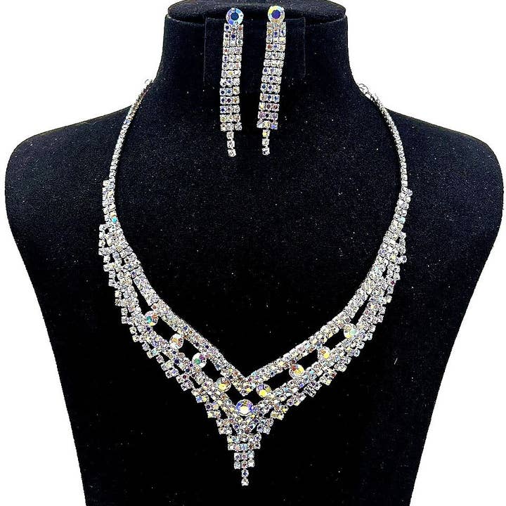 Square Tassel V Rhinestone Necklace Set for wholesale by Diacly