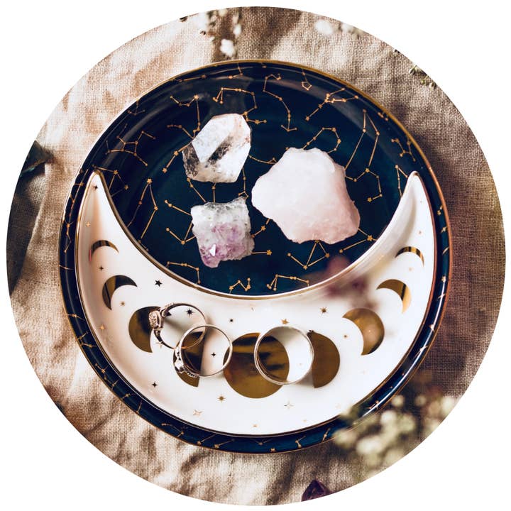 CONSTELLATIONS CERAMIC NESTING MOON DISH SET, MIDNIGHT BLUE, WHITE & GOLD for wholesale by CLEOMAGICK