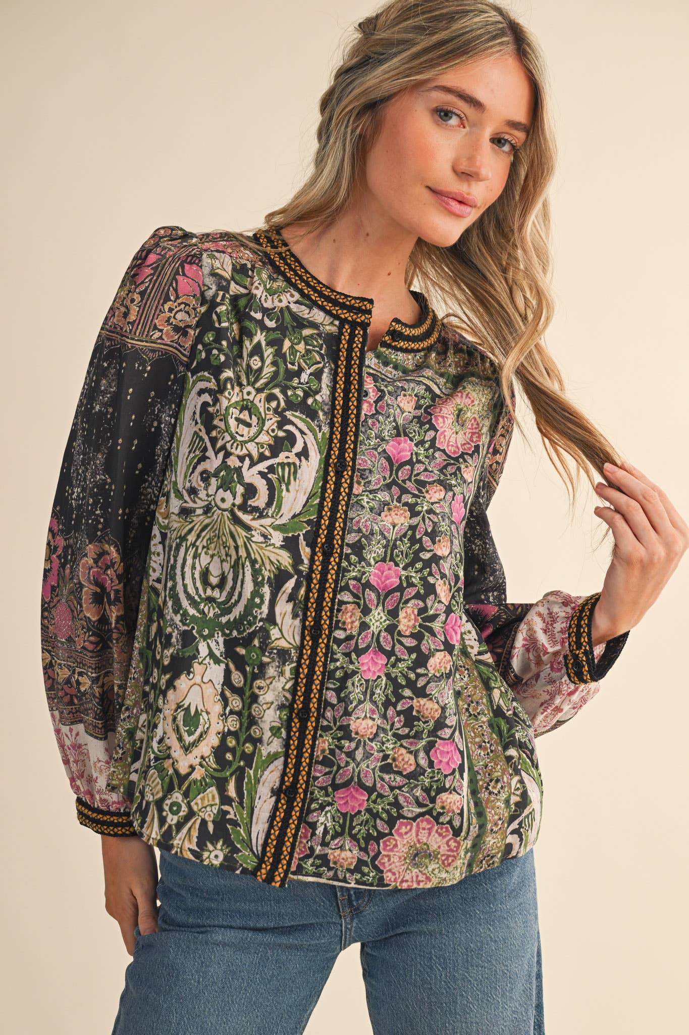 &MERCI - Wholesale Button Down Shirt - Women's - PATCHWORK PRINT CROCHET TRIM BUTTON DOWN TOP MTP438212