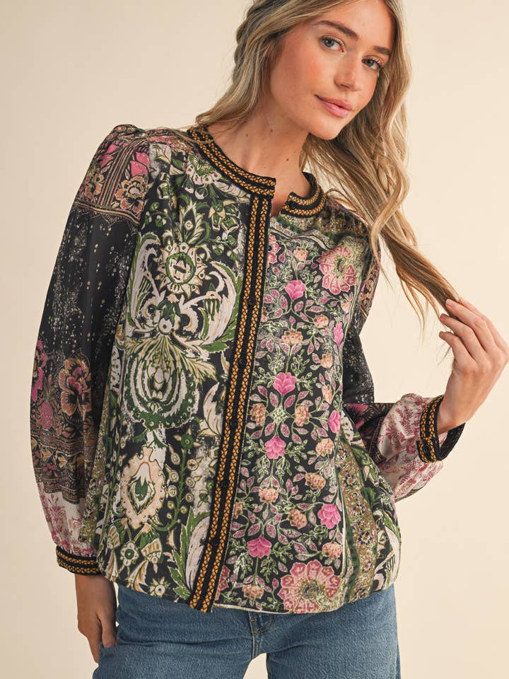 &MERCI - Wholesale Button Down Shirt - Women's - PATCHWORK PRINT CROCHET TRIM BUTTON DOWN TOP MTP438212