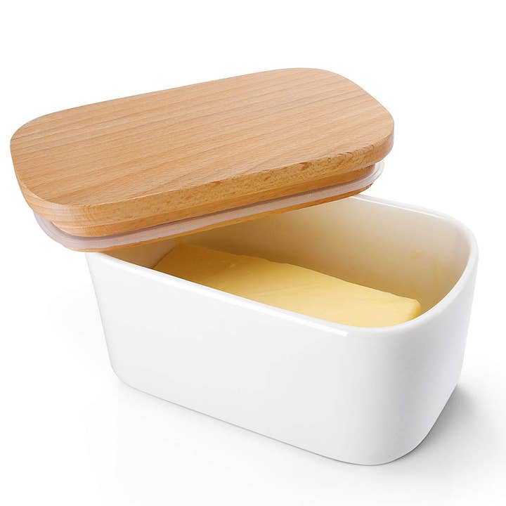 Large Porcelain Airtight Butter Dish with Beech Wooden Lid for wholesale by Sweese