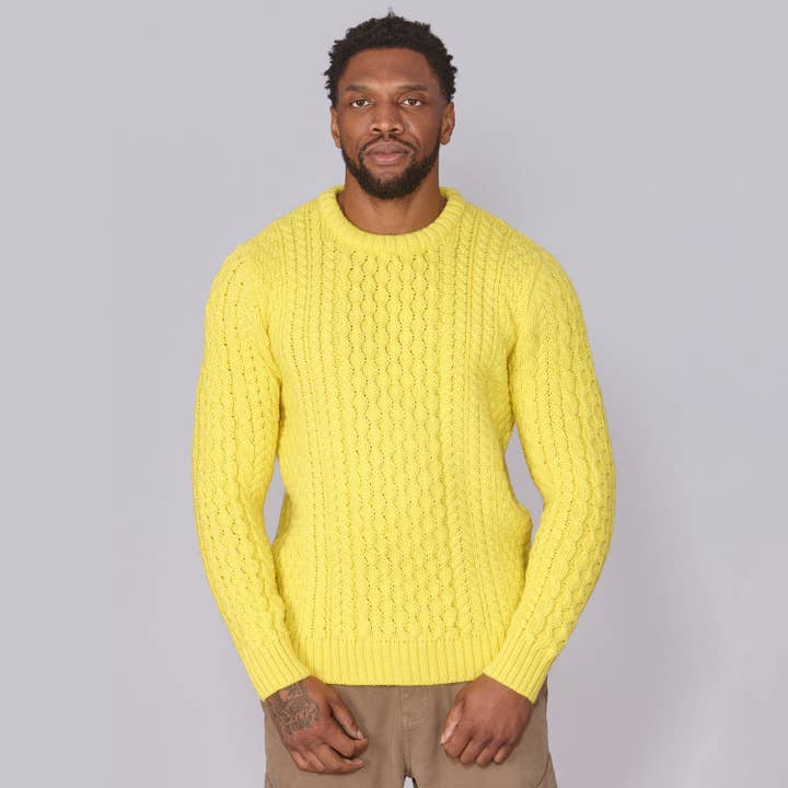 Classic Aran Wool Jumper - Yellow | Made from British Wool | Jack Masters Knitwear for wholesale on Faire