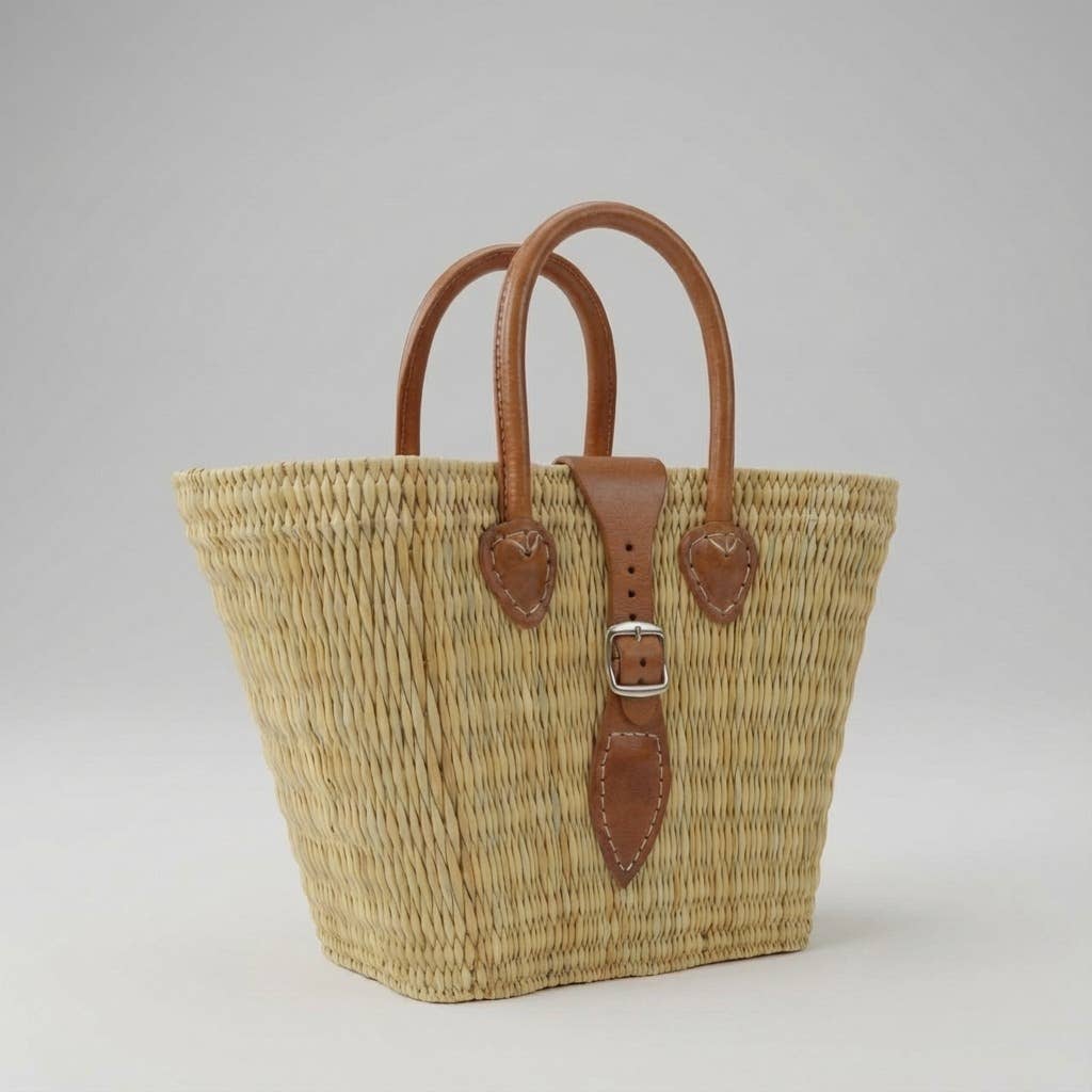 Melecraft - Wholesale Basket - Woven Reed Market Basket Leather Strap - Natural Boho Tote8