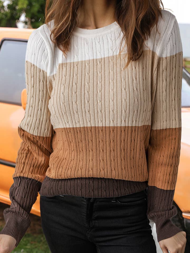 Pull à col rond en maille torsadée à blocs de couleur Fashion-W pour la vente par fashionworks