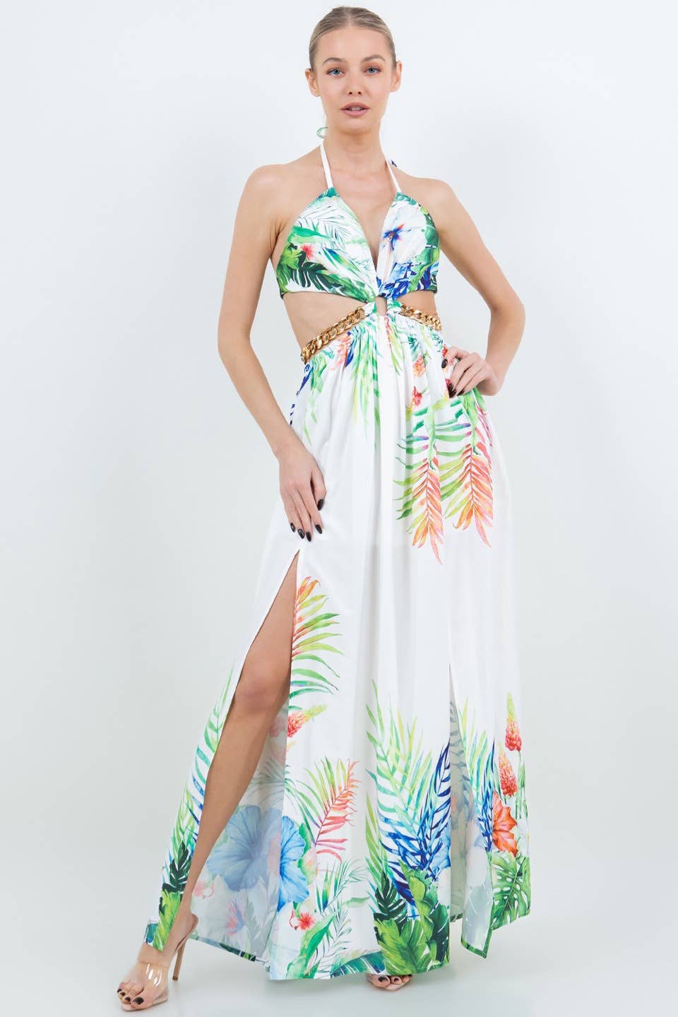 IVORY DM4190 TROPICAL FLORAL HALTER CUT OUT W CHAIN MAXI DRESS for wholesale on Faire0