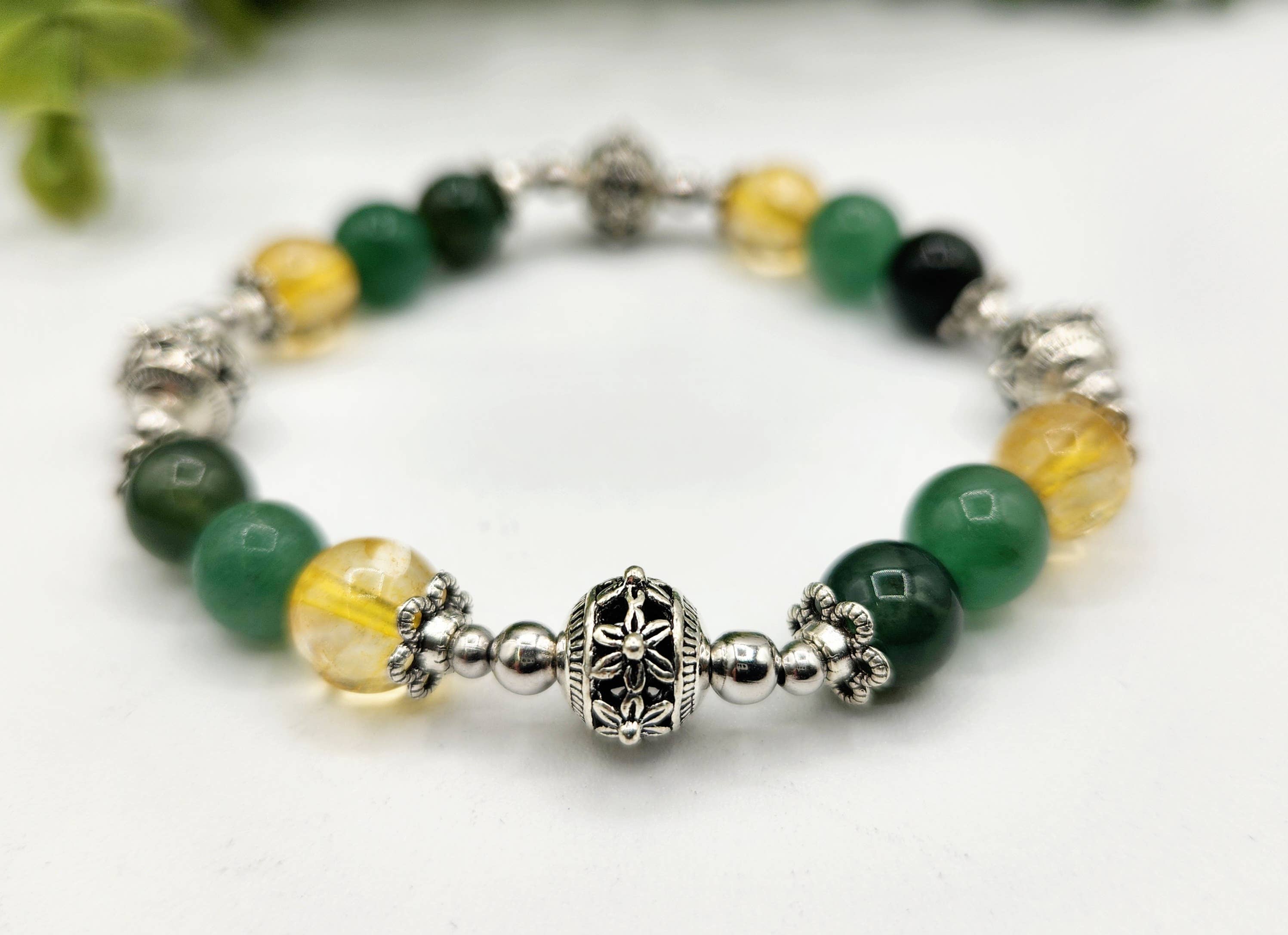 Meraki Gemstones - Wholesale Beaded Bracelet - WEALTH - Moss Agate, Green Aventurine, Citrine Bracelet 7.5"3