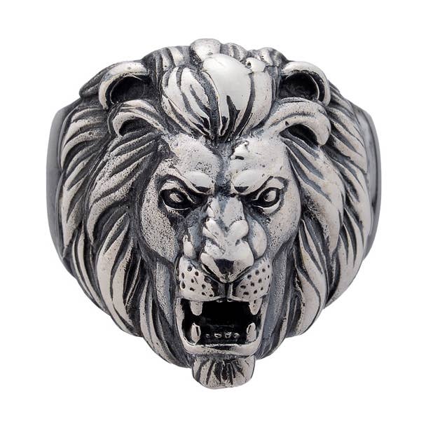 Grote zilveren leeuwenkopring voor wholesale door Midhaven Ltd - Tribal Steel