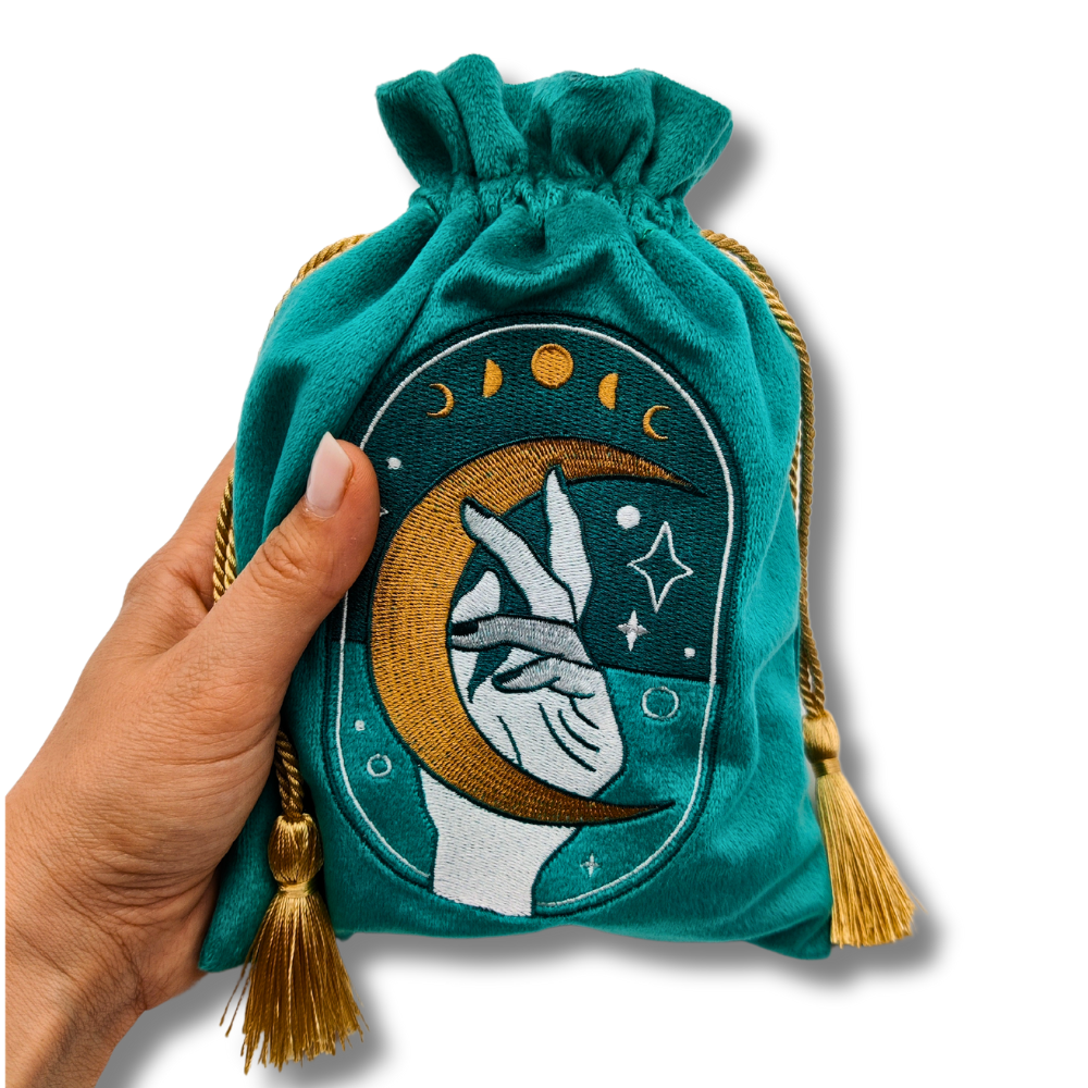 LA MUCI DESIGN - Vente Sac à cordon de serrage – unisexe - Pochette en velours vert pour tarot – Sac à cordon brodé6
