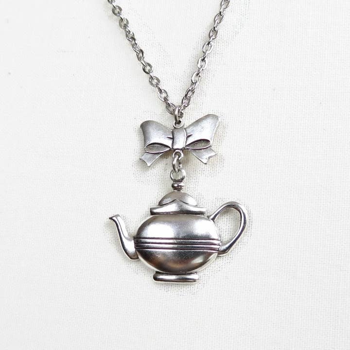 Maxine -Teapot And Bow Necklace - Tea Party - Alice In Wonde for wholesale by The green antique trunk