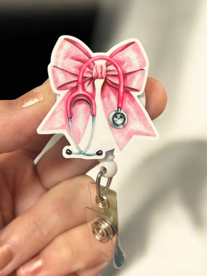 pink Bow W/ Stethoscope Badge Reel Holder for wholesale by Fuzzy Edges Crafts LLC
