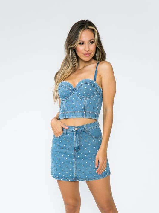 K-Pop Two Piece Jean Rhinestone Set for wholesale by Lydia USA