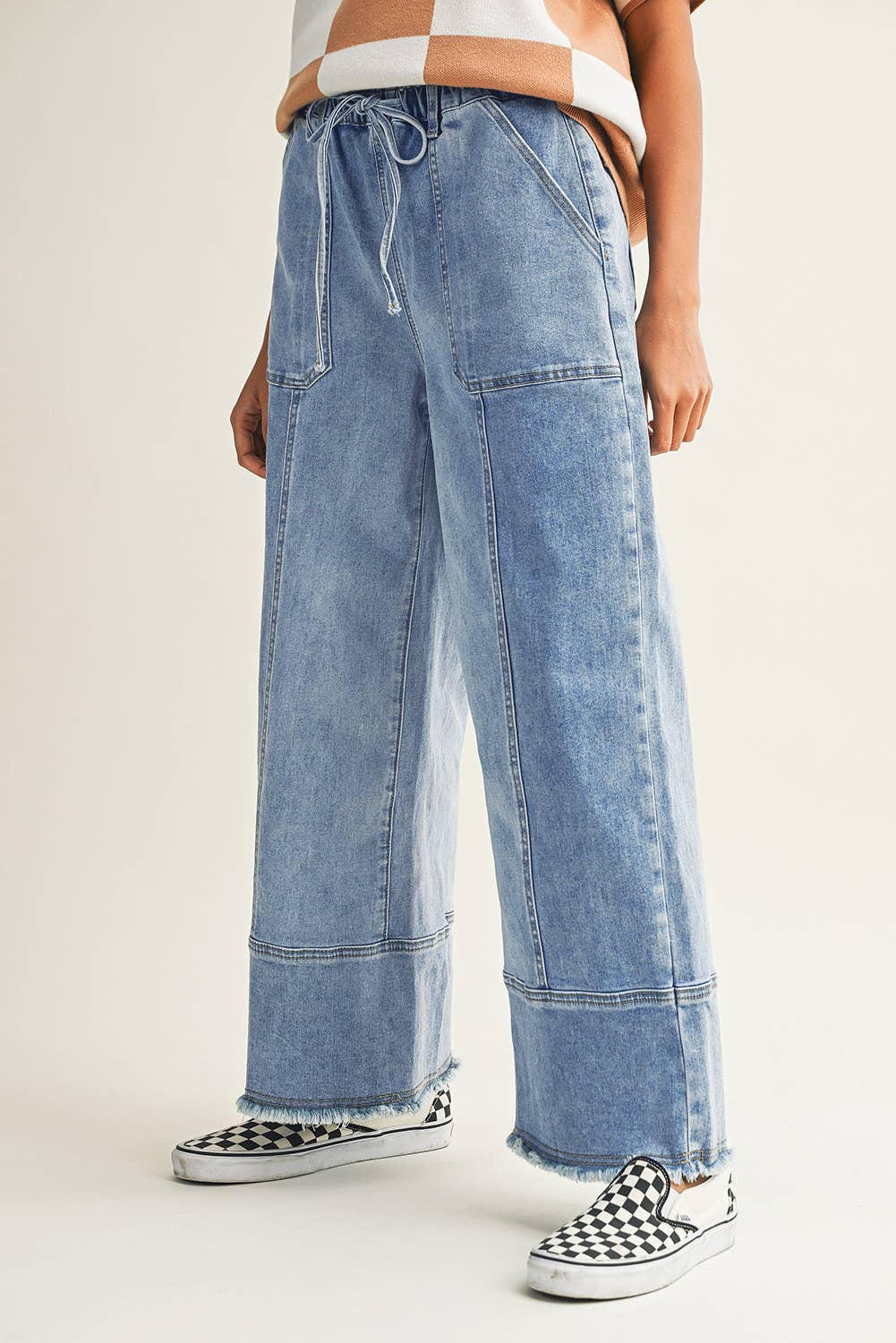 Little Daisy Closet - Wholesale Jeans - Women's -  LDC Drawstring Seam Detail Raw Hem Wide Leg Denim Pants1