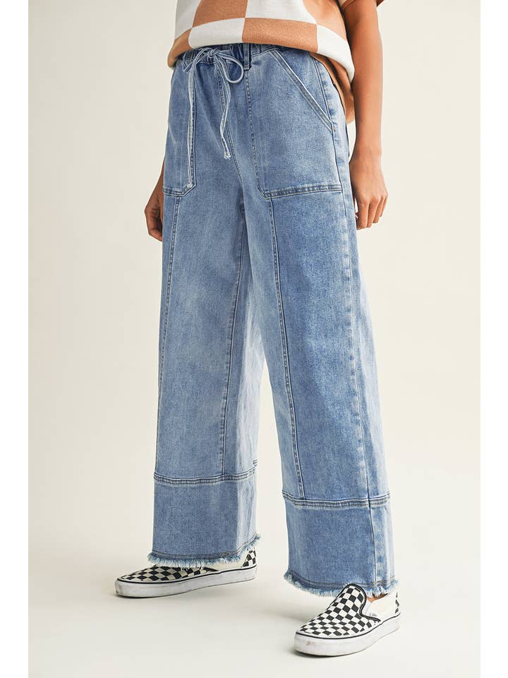 Little Daisy Closet - Wholesale Jeans - Women's - LDC Drawstring Seam Detail Raw Hem Wide Leg Denim Pants1