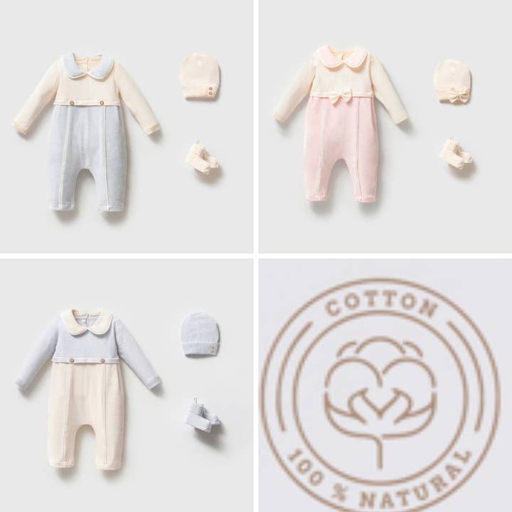 Conjunto Trio para Recém-nascido em Algodão Orgânico com Tricô e Veludo 0-3M por atacado de Omnis Pura