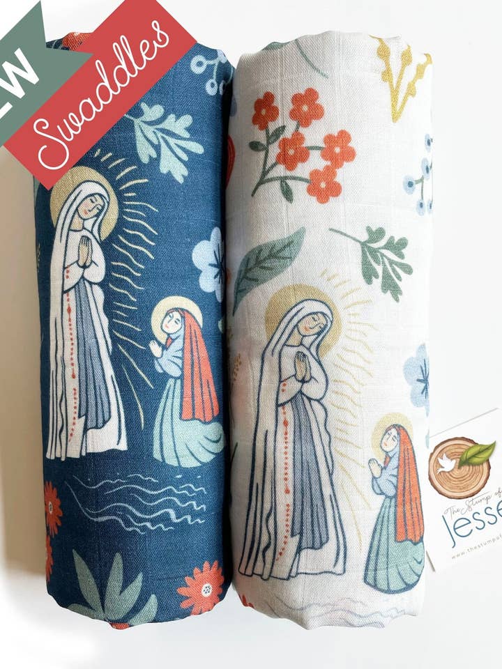 The Stump of Jesse - Wholesale Swaddle - Baby - Our Lady of Lourdes & St. Bernadette Deluxe Swaddle Catholic