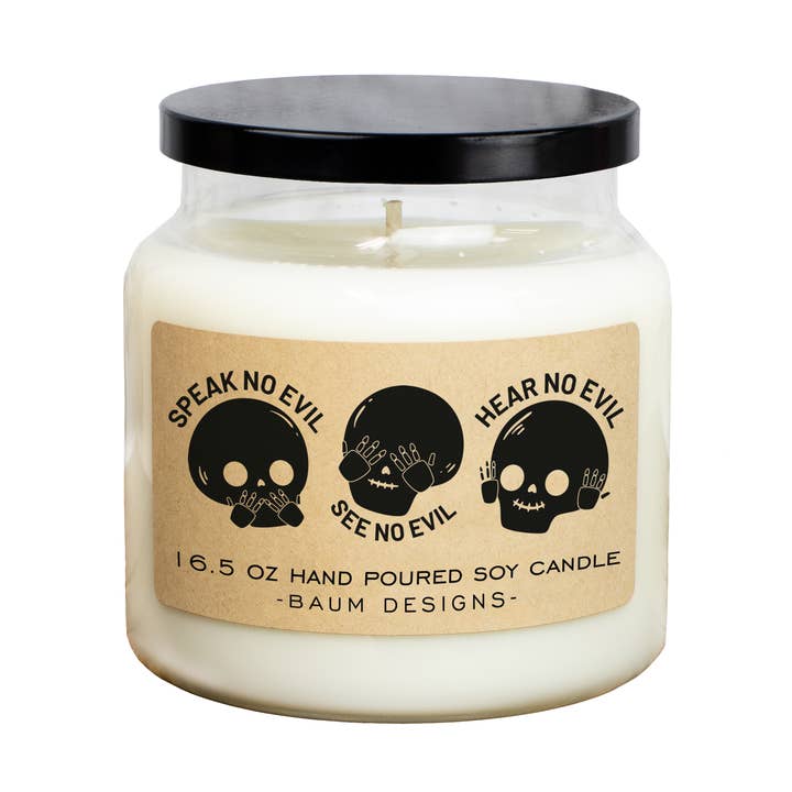 Speak No Evil, See No Evil, Hear No Evil Skull Soy Candle for wholesale by Baum Designs LLC