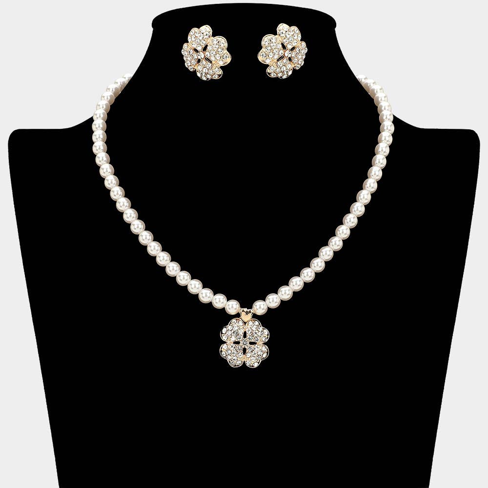 Sensibling Corp. – Engroshandel Smykkesæt – Rhinestone-besat kløvervedhæng perlehalskæde0