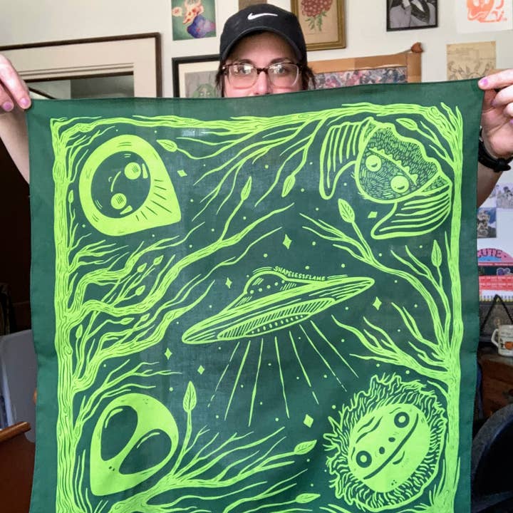 Shapelessflame - Wholesale Bandana - Unisex - Cryptid + Alien Bandana Altar Tarot Cloth Bright Green Scree