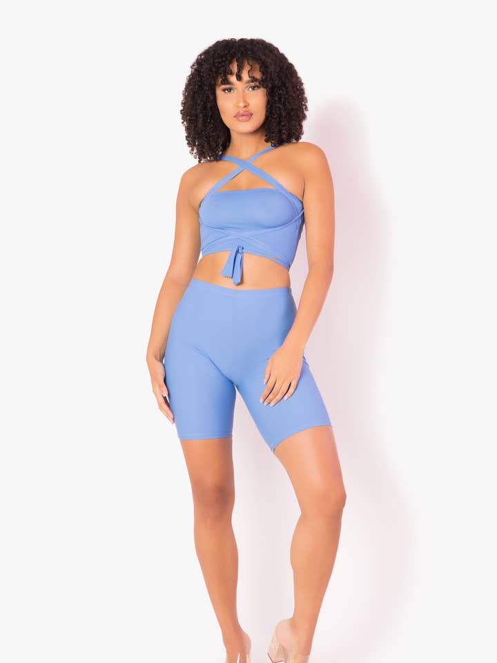 Periwinkle Blue Tube Crop Top w/ Tie Strap Shorts Set for wholesale by Playsuit Apparel