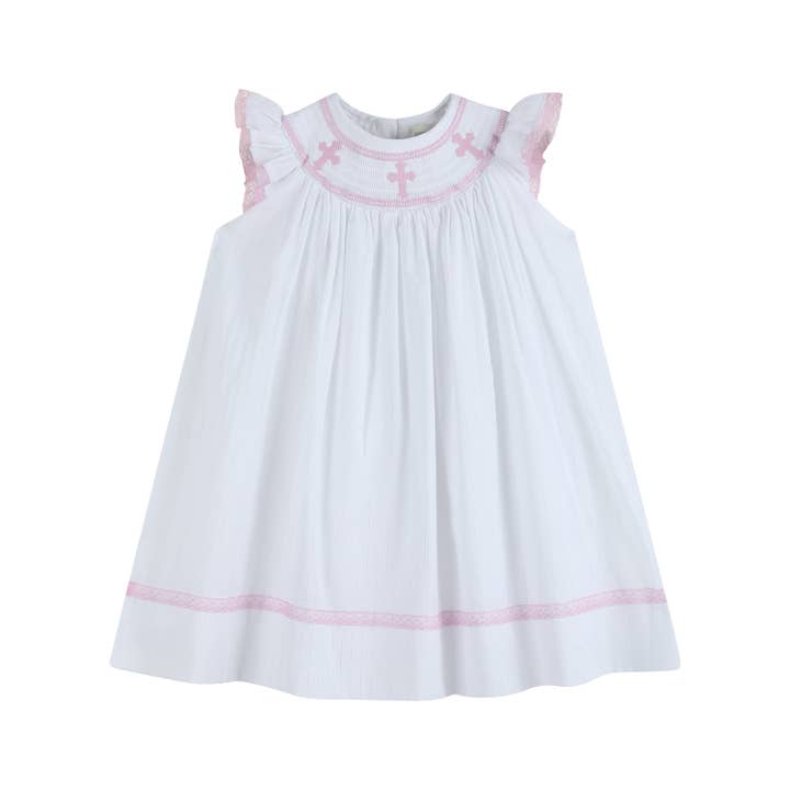 Lil Cactus - Wholesale Dress - Kids - White and Pink Cross Smocked Bishop Dress