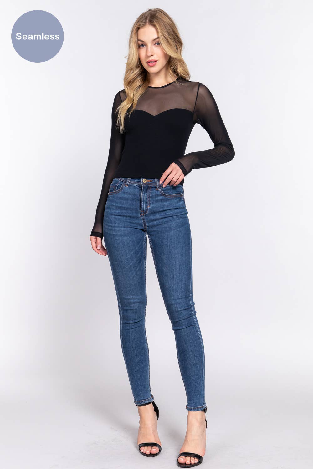 Active Basic | Active USA - Wholesale Knit Top - Women's - Long Sleeve Round Neck Mesh Combination Seamless Top11