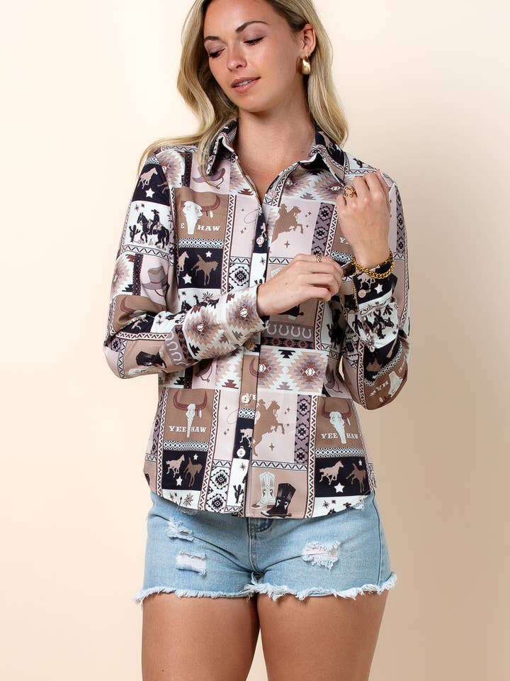 T1427-6274-Nora Western Patch Collage Print Top for wholesale by Nylon Apparel