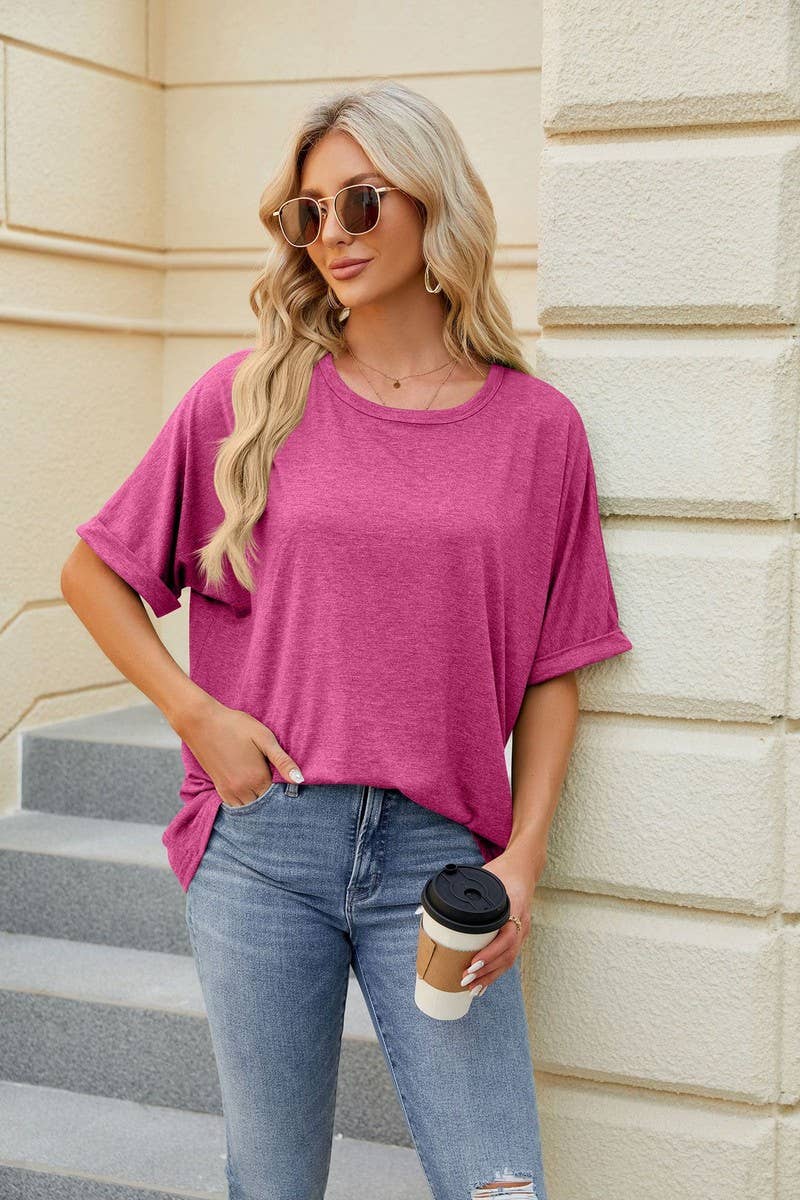 Lily Clothing - Wholesale T-Shirt - Women's - ROUND NECK SOLID COLOR SHORT SLEEVE LOOSE T SHIRT_CWTSTS028022