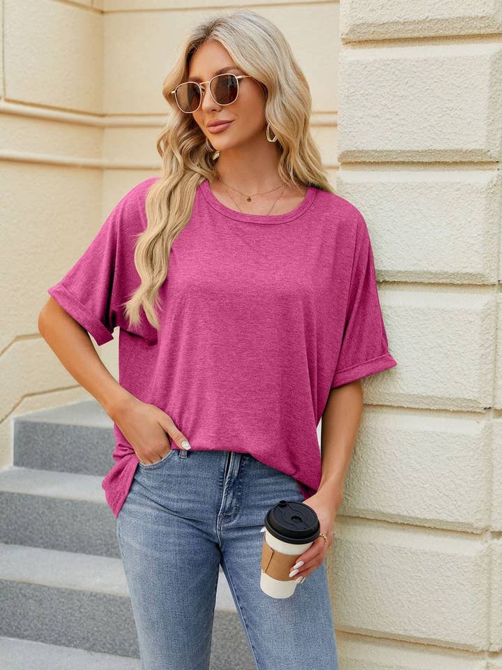 Lily Clothing - Wholesale T-Shirt - Women's - ROUND NECK SOLID COLOR SHORT SLEEVE LOOSE T SHIRT_CWTSTS028022