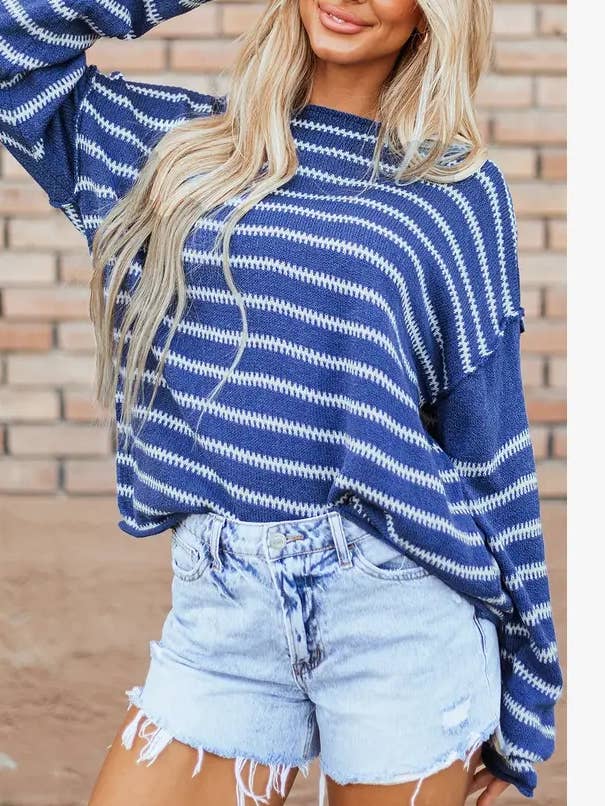 Lovesoft - Wholesale Knit Sweater - Women's - Solid Color Stripe Drop Shoulder Casual Sweater0