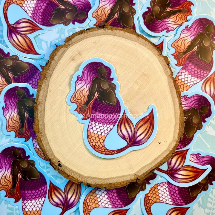 Sunset Lesbian Pride Flag Curvy Femme Merfolk Sticker, 3”x3” for wholesale by Amanda Vermeer Art