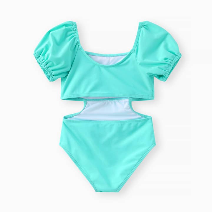 Sweet Puff Sleeve Girls' Solid Color Swimwear Set for wholesale by PatPat