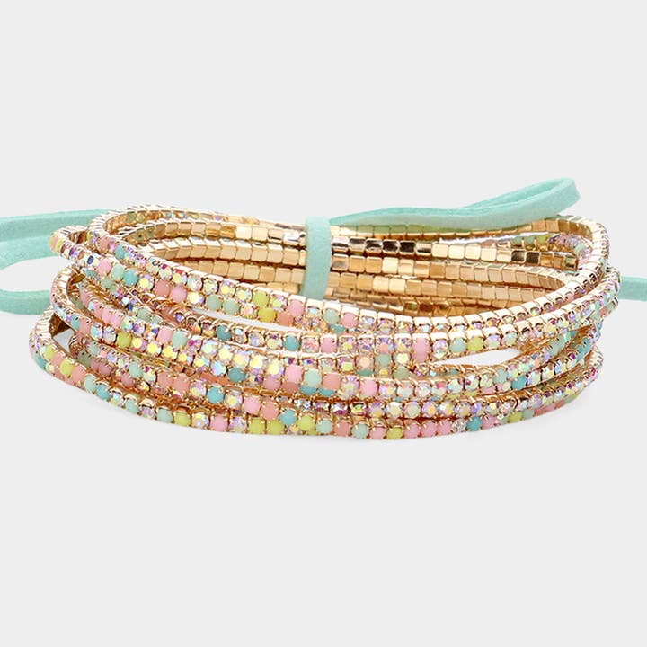 Sensibling Corp. - Wholesale Tennis Bracelet - 12PCS - Ribbon Colorful Rhinestone Layered Stretch Bracelets