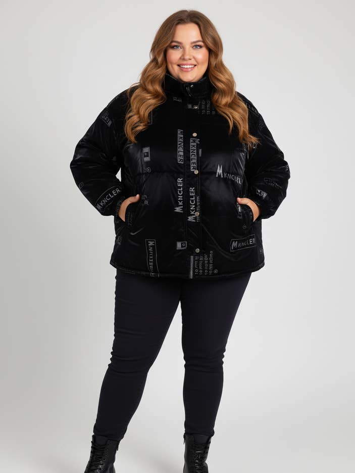 Schwarzer bedruckter Satin-Daunenmantel in Übergröße (C6518) für den Großhandel von Pomme Rouge Paris