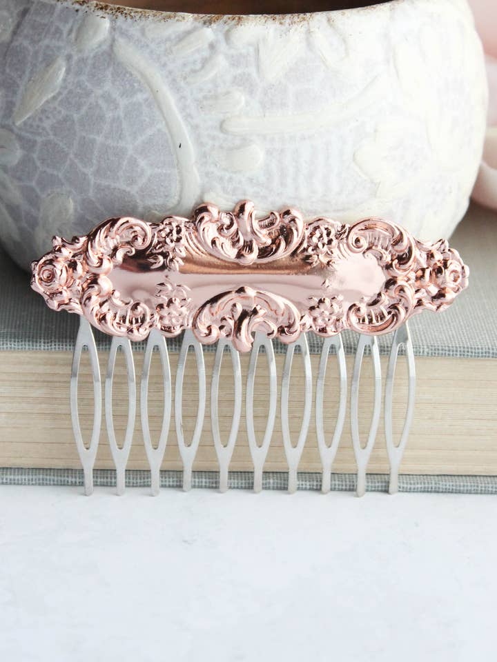 Floral Hair Comb - Shiny Rose Gold for wholesale by A Pocket of Posies