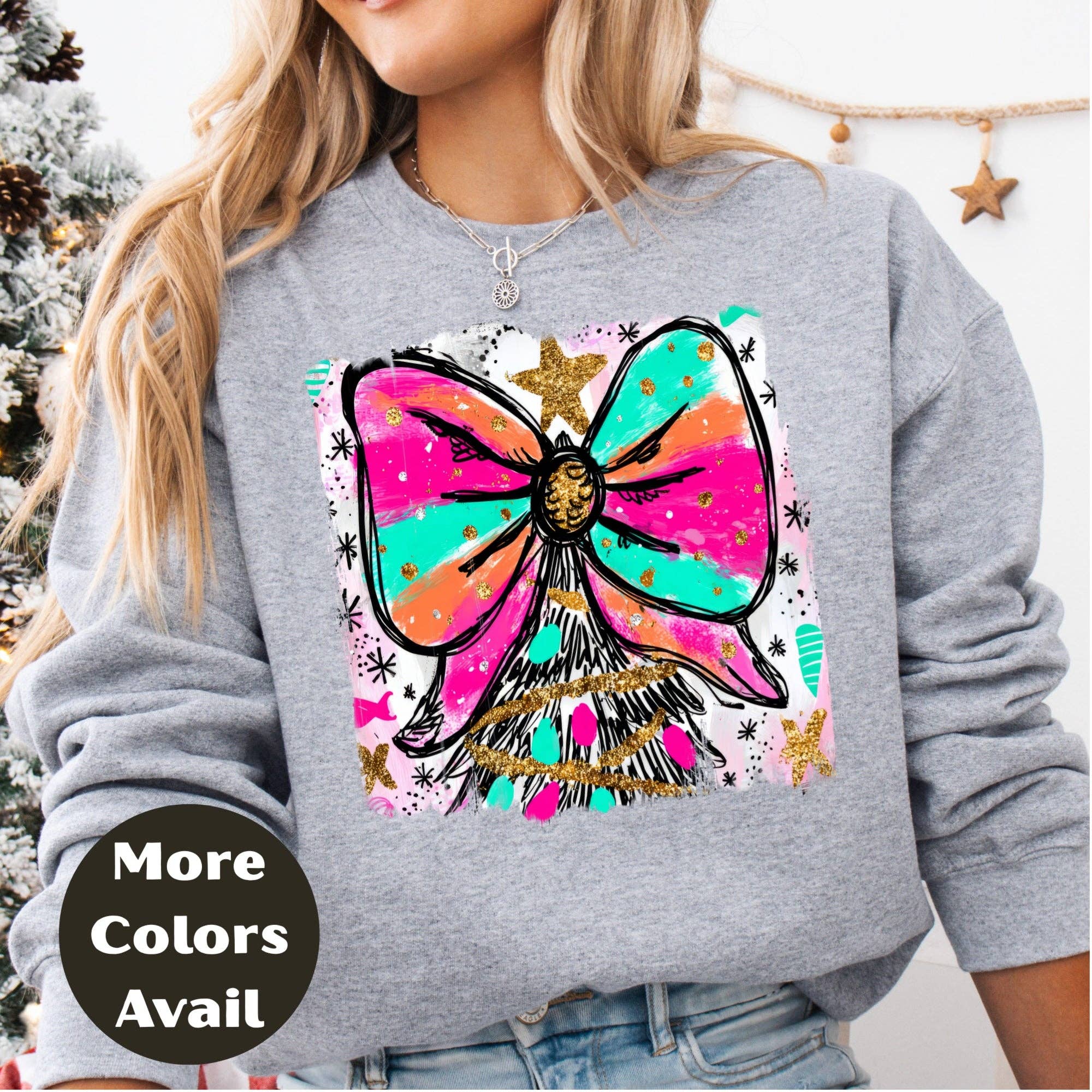 Epic Life  - Designed – wholesale Screen printed t-shirt – Women′s – Bright Bow Christmas Tree Shirt or Sweatshirt – Colorful Neon Holiday Top S-4XL Plus Size – Festive Christmas Tee4
