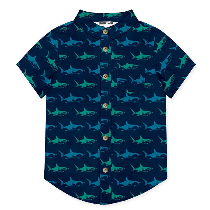 Kids Blue Shark Short-Sleeve Button-Up for wholesale by Millie Loves Lily
