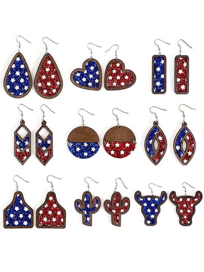 Pendientes de madera con estampado de bandera estadounidense MOQ, 5 piezas ZZKF1095 para venta al por mayor de UNISHE