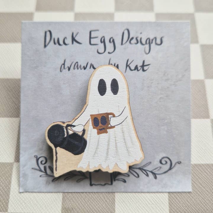 Coffee Ghost Pin Badge for wholesale by Duck Egg Designs