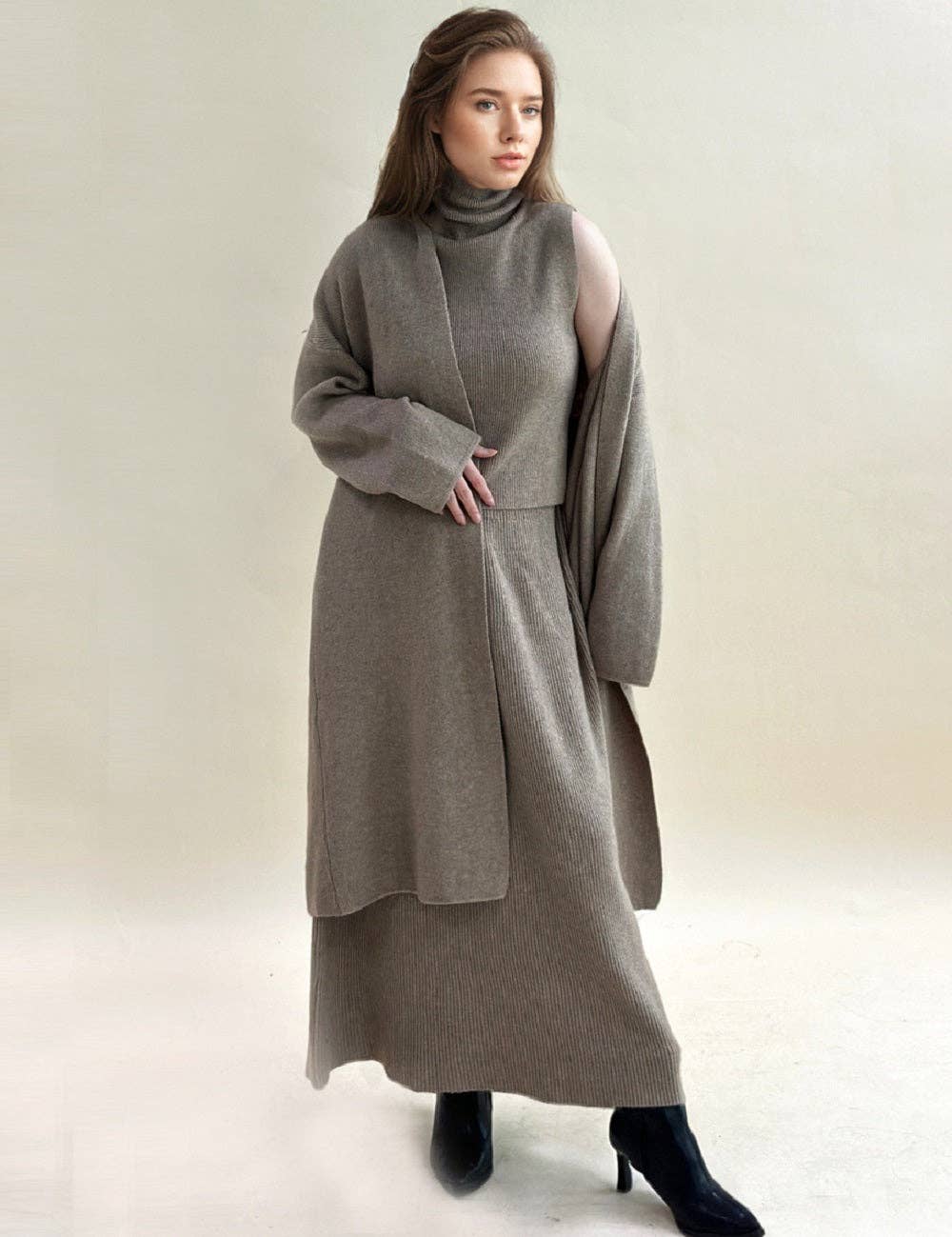 Sweetkama - Vendita all'ingrosso Completo top e gonna - Donna - Set maglione in maglia da donna in tinta unita 3 pezzi 0775