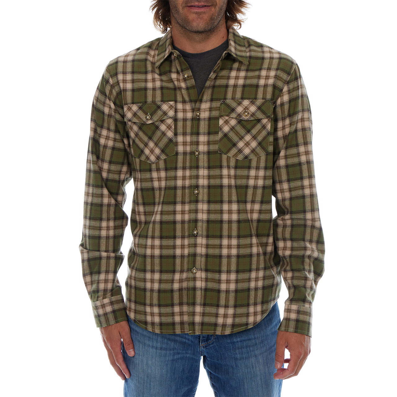 PX - Wholesale Button Down Shirt - Men's - Long Sleeve Flannel Plaid Front Pockets Shirt Lt Olive Khaki6