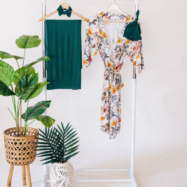 Vintage Floral Maternity Delivery Gown & Emerald Green Swaddle for wholesale by HAHA MAMA Clothing