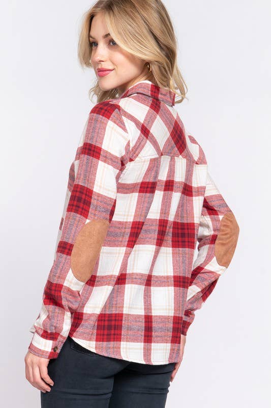 Active Basic | Active USA - Wholesale Button Down Shirt - Women's - Long Sleeve with Suede Patch Button Down Plaid Shirt4