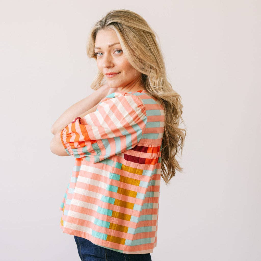 Sunshine Tienda - Wholesale Blouse - Women's - Apricot Colorful Stripe Mira Top2