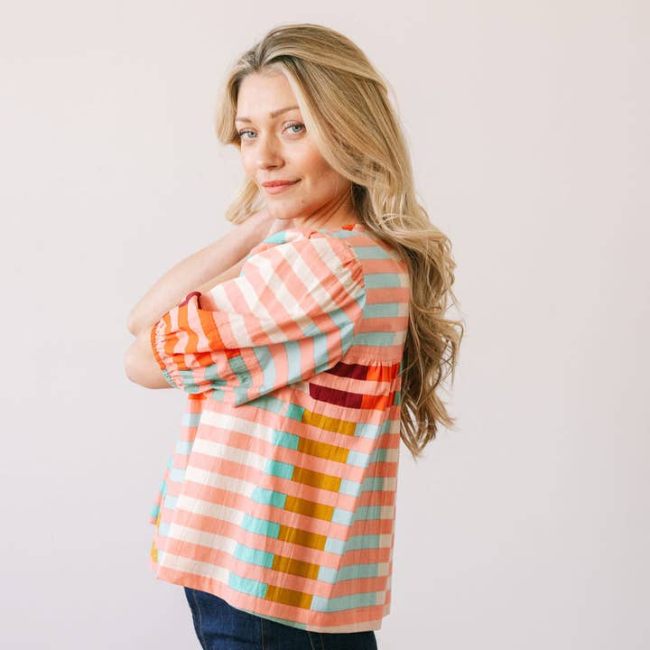 Sunshine Tienda - Wholesale Blouse - Women's - Apricot Colorful Stripe Mira Top2