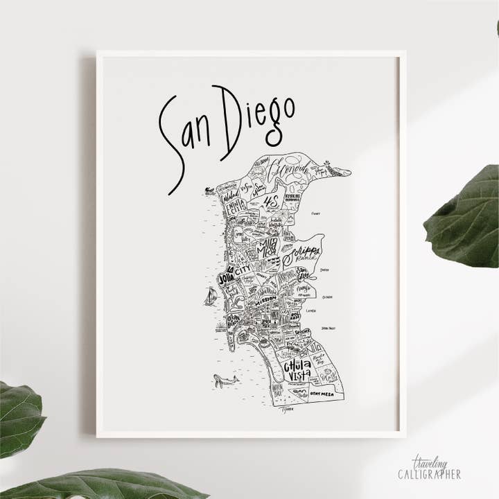 San Diego Neighborhood Map Print (3 størrelser) for engroshandel hos Traveling Calligrapher