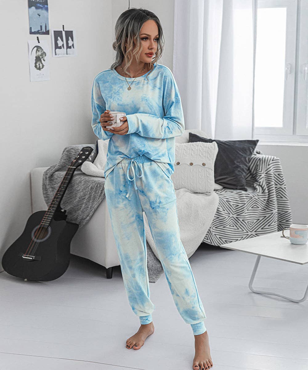 Blue Tie-Dye Long Sleeve Lounge Set for wholesale on Faire5