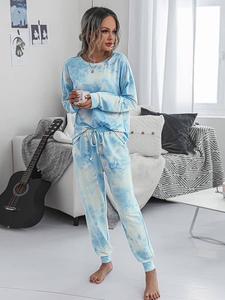 Blue Tie-Dye Long Sleeve Lounge Set for wholesale on Faire5